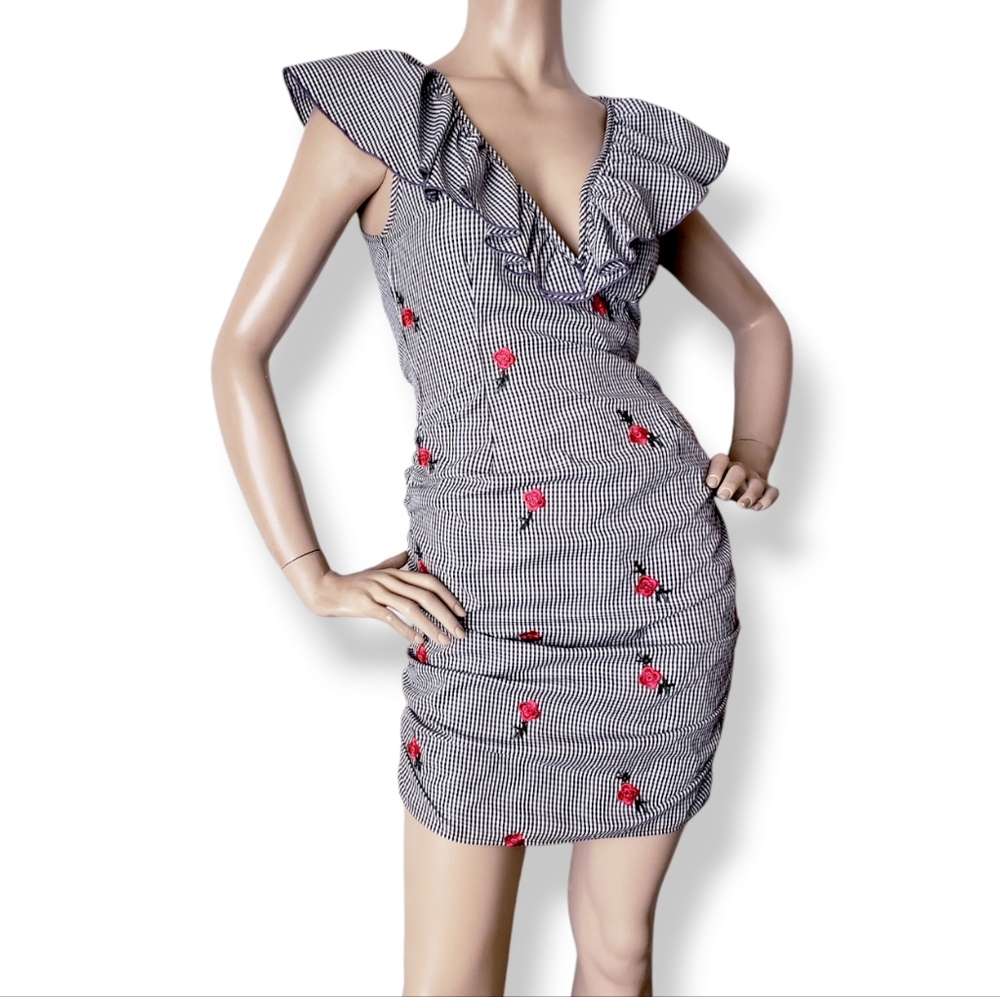 Petalo Black & White Gingham & Floral Print Ruffled Neckline Dress